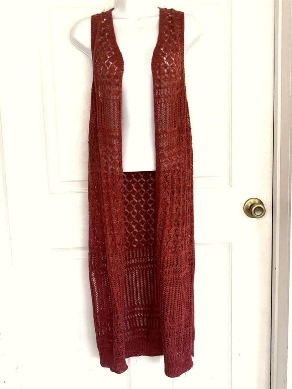 Moral Fiber Open Knit Cardigan Longline Sleeveless sz M Fairy Festival Brown